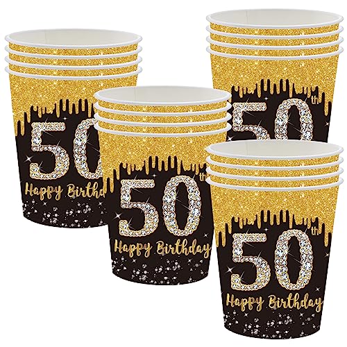 POPOYU Schwarz-goldene Pappbecher zum 50. Geburtstag, Partyzubehör, Einweg-Geschirr-Set, schwarz-goldene Einweg-Pappbecher für alle Anlässe (16 Stück) von POPOYU
