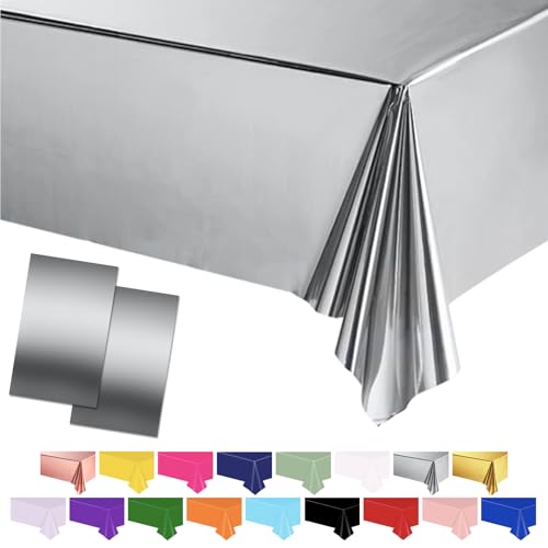 POPOYU Silber Tischtuch, 2x 137 x 274 cm, Kunststoff, Wasserfest, Party, Hochzeit, Geburtstag, Silber, Einfarbig POPOYU Silber Tischtuch, 2x 137 x 274 cm, Kunststoff, Wasserfest, Party, Hochzeit, Geburtstag, Silber, Einfarbig von POPOYU