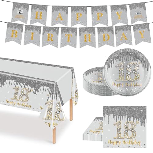 51 Stück Silber Gold Partygeschirr Set, 18. Geburtstag Party Geschirr Pappteller Set, Tischdeko Geburtstag Mädchen Junge mit Tischdecken Pappteller Servietten Girlande Banner für Geburtstagsdeko Party von POPOYU