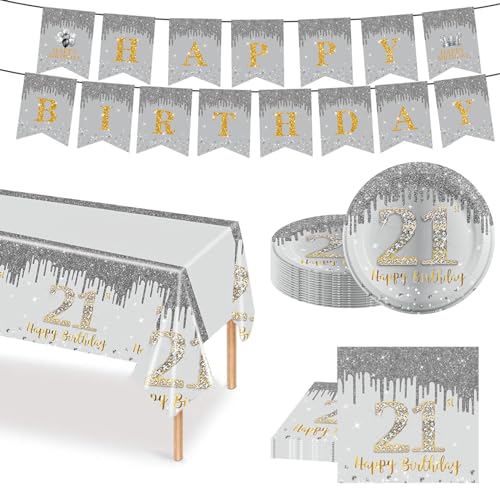 51 Stück Silber Gold Partygeschirr Set, 21. Geburtstag Party Geschirr Pappteller Set, Tischdeko Geburtstag Mädchen Junge mit Tischdecken Pappteller Servietten Girlande Banner für Geburtstagsdeko Party von POPOYU