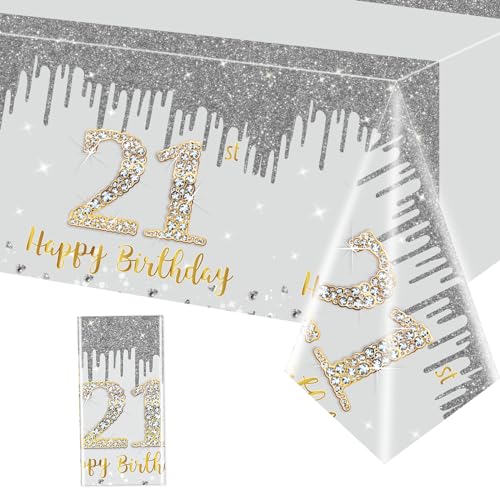 Tischdecke 21 Geburtstag, Happy Birthday Tischdecke Silber Gold Tischdeko Deko 21. Geburtstagsbesteck, 137 * 274cm Rechteck Wasserdicht Tischdecke für Alles Gute 21. Geburtstag Party Deko von POPOYU