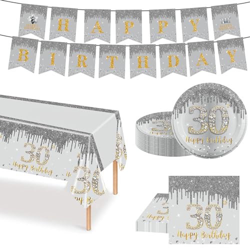 51 Stück Silber Gold Partygeschirr Set, 30. Geburtstag Party Geschirr Pappteller Set, Tischdeko Geburtstag Mädchen Junge mit Tischdecken Pappteller Servietten Girlande Banner für Geburtstagsdeko Party von POPOYU