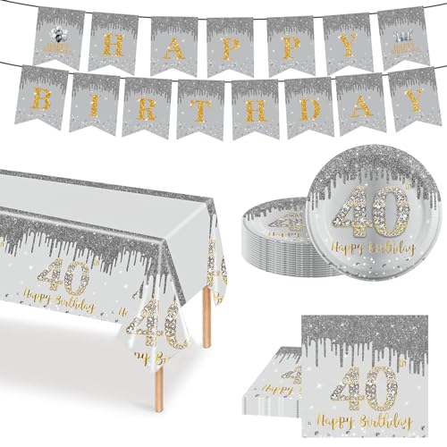 51 Stück Silber Gold Partygeschirr Set, 40. Geburtstag Party Geschirr Pappteller Set, Tischdeko Geburtstag Mädchen Junge mit Tischdecken Pappteller Servietten Girlande Banner für Geburtstagsdeko Party von POPOYU