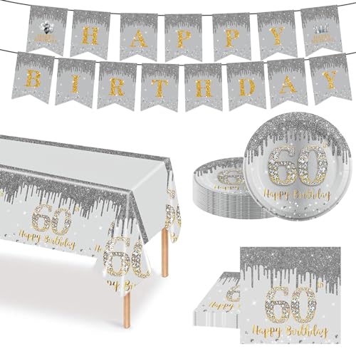 51 Stück Silber Gold Partygeschirr Set, 60. Geburtstag Party Geschirr Pappteller Set, Tischdeko Geburtstag Mädchen Junge mit Tischdecken Pappteller Servietten Girlande Banner für Geburtstagsdeko Party von POPOYU