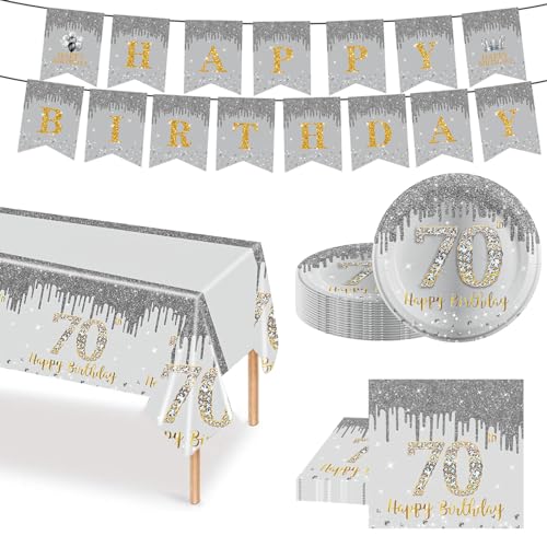 51 Stück Silber Gold Partygeschirr Set, 70. Geburtstag Party Geschirr Pappteller Set, Tischdeko Geburtstag Mädchen Junge mit Tischdecken Pappteller Servietten Girlande Banner für Geburtstagsdeko Party von POPOYU