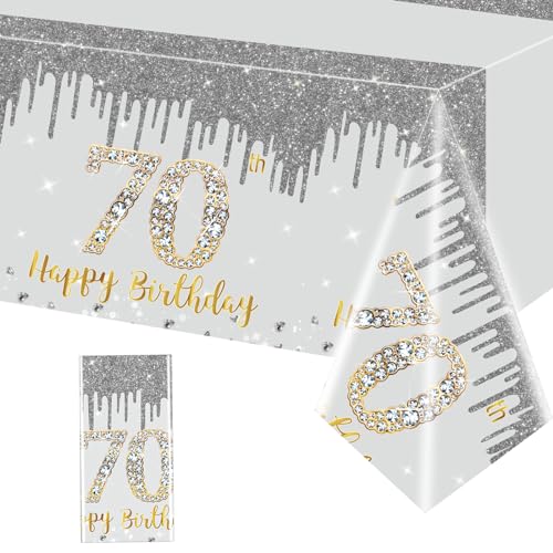Tischdecke 70 Geburtstag, Happy 70th Birthday Tischdecke Silber Gold Tischdeko Deko 70. Geburtstagsbesteck, 137 * 274cm Rechteck Wasserdicht Tischdecke für Alles Gute 70. Geburtstag Party Deko von POPOYU