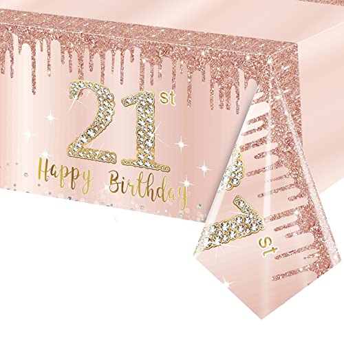 POPOYU Tischdecke 21. Geburtstag Roségold,137x274 cm Tischdecke 21 Geburtstag Frau Rosa,Deko 21. Geburtstag.Frauen, Einweg Tischdecken Geburtstagfür Frauen 21 GeburtstagParty Partyzubehör von POPOYU