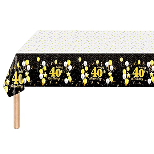 Tischdecke zum 40. Geburtstag, Schwarz / Gold, 137 x 274 cm, Tischdekoration für Jungen, Mädchen, Männer, Frauen, Ihn, sie, rechteckige Kunststoff-Tischdecke für 40. Geburtstag, Partyzubehör, von POPOYU