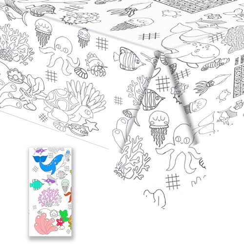 Tischdecke zum Ausmalen,137x274cm Papiertischdecke zum Ausmalen,Bemalbare Tischdecke Ozean,Ausmal Tischdecke,Deko Kindergeburtstag,Kreative Kinderbeschäftigung,Ausmalen Tiere,Mal Mich Bunt von POPOYU