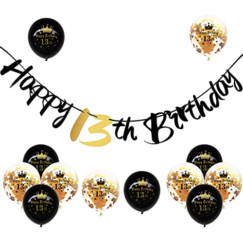 13th Deko Geburtstag,Banner Happy Birthday Girlande mit 12 Latexballons,6 Schwarzes Latexballons + 6 Gold Konfetti Latexballons Geburtstag Dekoration Set für Jungen und Mädchen 13th Geburtstag Party von POPOYU