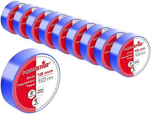 POPPSTAR 10x 10m Universal Isolierband, PVC Dichtband und Klebeband (Dichtungsband zur Isolation - Reparatur von elektrischen Leitern) (Band 18mm breit), blau von POPPSTAR