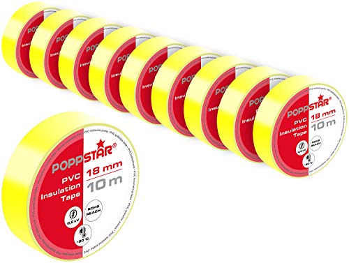 POPPSTAR 10x 10m Universal Isolierband, PVC Dichtband und Klebeband (Dichtungsband zur Isolation - Reparatur von elektrischen Leitern) (Band 18mm breit), gelb von POPPSTAR