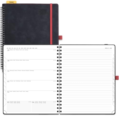 POPRUN Kalender 2025 Buchkalender A4 Notizbuch (Aug.2024-Dez.2025), ca. A4 (26,5 x 21,5 cm), Terminplaner, Wochenplaner 2025 Ringbuch mit Softcover, Zertifiziertem Papier - Schwarz von POPRUN