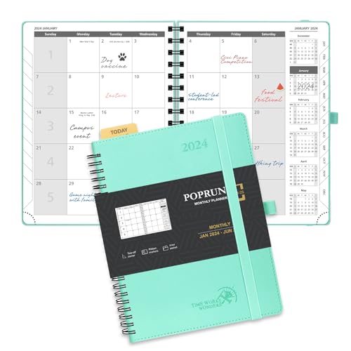POPRUN Kalender 2024 2025 Monatsplaner 22 x 16,5 cm Auf Englisch - 18 Monate Monatskalender Ringbuch (Jan 2024 - Jun 2025) - 1 Monat 4 Seiten, 112 Seiten, 100 GSM Papier, PU-Leder - Mintgrün von POPRUN