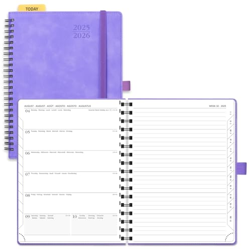 POPRUN Kalender 2025 2026 Buchkalender Notizbuch (Aug.2025-Dez.2026), ca. A5 (22 x 16,5 cm), Terminplaner, Wochenplaner Ringbuch mit Softcover, Zertifiziertem Papier - Flieder von POPRUN