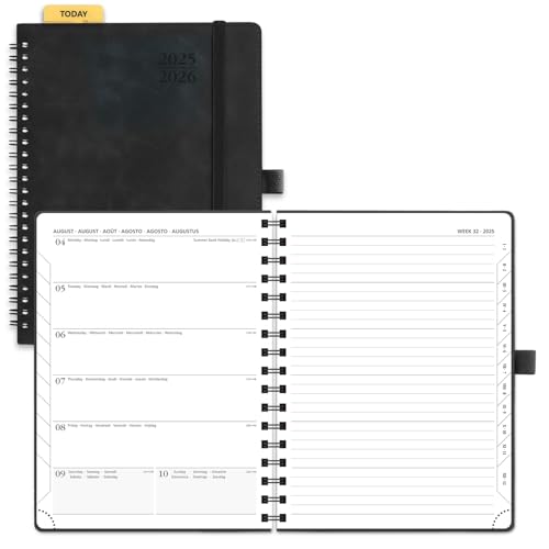 POPRUN Kalender 2025 2026 Buchkalender Notizbuch (Aug.2025-Dez.2026), ca. A5 (22 x 16,5 cm), Terminplaner, Wochenplaner Ringbuch mit Softcover, Zertifiziertem Papier - Schwarz von POPRUN