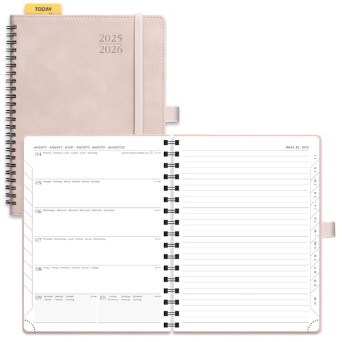 POPRUN Kalender 2025 2026 Buchkalender Notizbuch (Aug.2025-Dez.2026), ca. A5 (22 x 16,5 cm), Terminplaner, Wochenplaner Ringbuch mit Softcover, Zertifiziertem Papier - Zartrosa von POPRUN