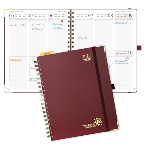 POPRUN Kalender 2025 2026 Buchkalender Ringbuch mit Hardcover, ca. A4 (25,5 x 20,5 cm), 17-Monate-Terminplaner (Aug.2025-Dez.2026), Wochenplaner 2025 2026 mit Plastiklineal - Burgund von POPRUN