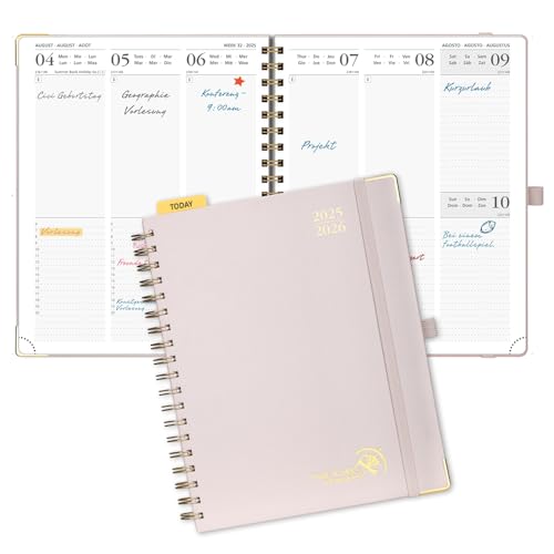 POPRUN Kalender 2025 2026 Buchkalender Ringbuch mit Hardcover, ca. A4 (25,5 x 20,5 cm), 17-Monate-Terminplaner (Aug.2025-Dez.2026), Wochenplaner 2025 2026 mit Plastiklineal - Hellrosa von POPRUN