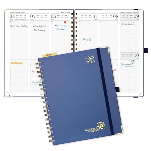 POPRUN Kalender 2025 2026 Buchkalender Ringbuch mit Hardcover, ca. A4 (25,5 x 20,5 cm), 17-Monate-Terminplaner (Aug.2025-Dez.2026), Wochenplaner 2025 2026 mit Plastiklineal - Marineblau von POPRUN