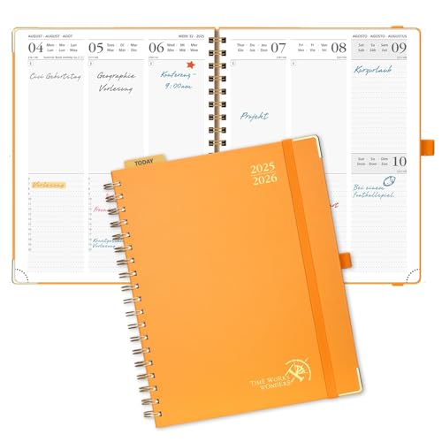 POPRUN Kalender 2025 2026 Buchkalender Ringbuch mit Hardcover, ca. A4 (25,5 x 20,5 cm), 17-Monate-Terminplaner (Aug.2025-Dez.2026), Wochenplaner 2025 2026 mit Plastiklineal - Orange von POPRUN