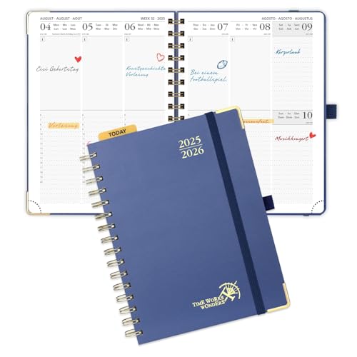 POPRUN Kalender 2025 2026 Buchkalender Ringbuch mit Hardcover, ca. A5 (21,5 x 16 cm), 17-Monate-Terminplaner (Aug.2025-Dez.2026), Wochenplaner 2025 2026 mit Plastiklineal - Marineblau von POPRUN