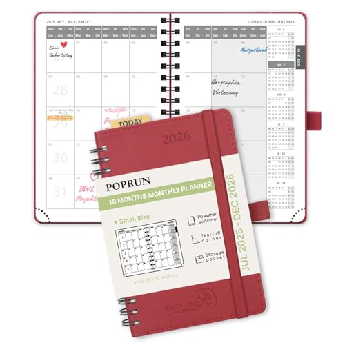 POPRUN Kalender 2025 2026 Monatsplaner 16 x 10,5 cm - 18 Monate Monatskalender Ringbuch A6 (Jul.2025-Dez.2026) - 1 Monat 4 Seiten, Softcover mit PU-Leder, 100 GSM Papier - Burgunderrot von POPRUN