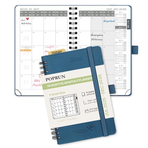 POPRUN Kalender 2025 2026 Monatsplaner 16 x 10,5 cm - 18 Monate Monatskalender Ringbuch A6 (Jul.2025-Dez.2026) - 1 Monat 4 Seiten, Softcover mit PU-Leder, 100 GSM Papier - Marineblau von POPRUN