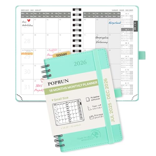 POPRUN Kalender 2025 2026 Monatsplaner 16 x 10,5 cm - 18 Monate Monatskalender Ringbuch A6 (Jul.2025-Dez.2026) - 1 Monat 4 Seiten, Softcover mit PU-Leder, 100 GSM Papier - Mintgrün von POPRUN