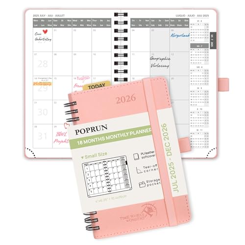 POPRUN Kalender 2025 2026 Monatsplaner 16 x 10,5 cm - 18 Monate Monatskalender Ringbuch A6 (Jul.2025-Dez.2026) - 1 Monat 4 Seiten, Softcover mit PU-Leder, 100 GSM Papier - Rosa von POPRUN