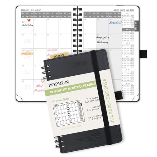 POPRUN Kalender 2025 2026 Monatsplaner 16 x 10,5 cm - 18 Monate Monatskalender Ringbuch A6 (Jul.2025-Dez.2026) - 1 Monat 4 Seiten, Softcover mit PU-Leder, 100 GSM Papier - Schwarz von POPRUN