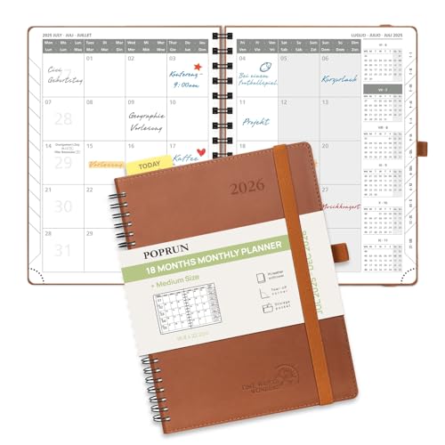 POPRUN Kalender 2025 2026 Monatsplaner 22 x 16,5 cm - 18 Monate Monatskalender Ringbuch A5 (Jul.2025-Dez.2026) - 1 Monat 4 Seiten, Softcover mit PU-Leder, 100 GSM Papier - Braun von POPRUN
