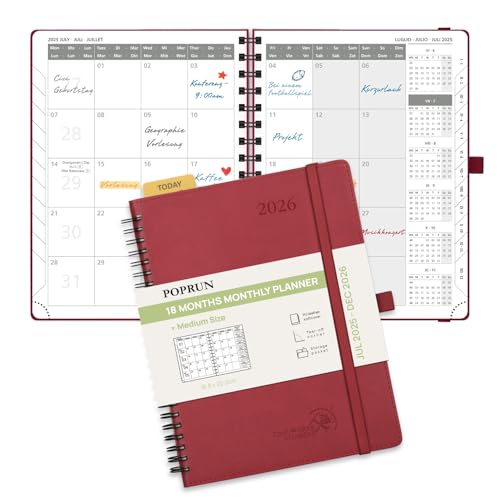 POPRUN Kalender 2025 2026 Monatsplaner 22 x 16,5 cm - 18 Monate Monatskalender Ringbuch A5 (Jul.2025-Dez.2026) - 1 Monat 4 Seiten, Softcover mit PU-Leder, 100 GSM Papier - Burgunderrot von POPRUN