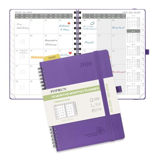 POPRUN Kalender 2025 2026 Monatsplaner 22 x 16,5 cm - 18 Monate Monatskalender Ringbuch A5 (Jul.2025-Dez.2026) - 1 Monat 4 Seiten, Softcover mit PU-Leder, 100 GSM Papier - Lila von POPRUN