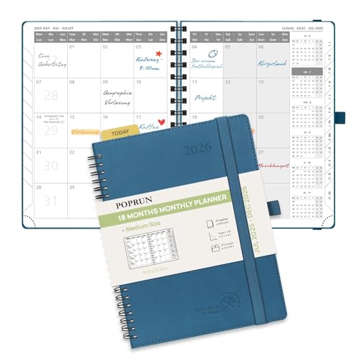 POPRUN Kalender 2025 2026 Monatsplaner 22 x 16,5 cm - 18 Monate Monatskalender Ringbuch A5 (Jul.2025-Dez.2026) - 1 Monat 4 Seiten, Softcover mit PU-Leder, 100 GSM Papier - Marineblau von POPRUN