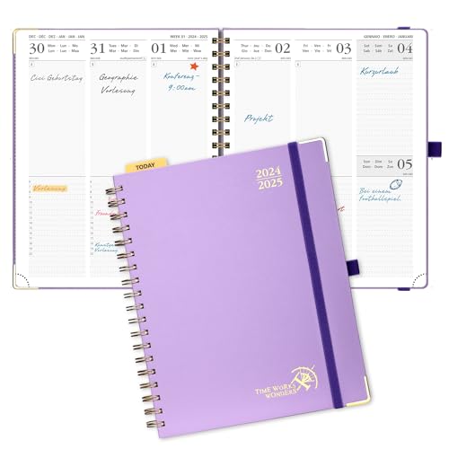 POPRUN Kalender 2025 Buchkalender (Aug.2024-Dez.2025) Ringbuch mit Hardcover, ca. A4 (25,5 x 20,5 cm), 17-Monate-Terminplaner, Wochenplaner 2025 mit Plastiklineal - Violett von POPRUN
