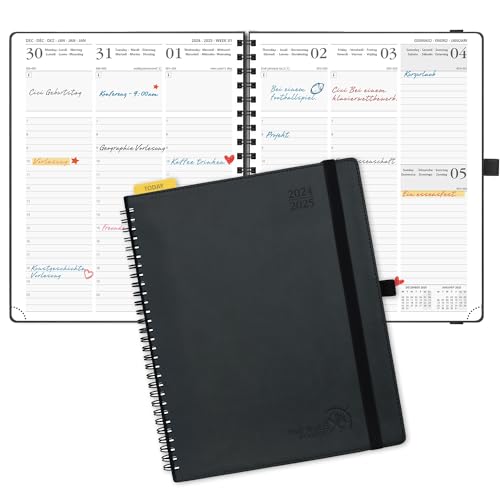 POPRUN Kalender 2025 Wochenplaner (Aug.2024-Dez.2025) Ringbuch mit Softcover, ca. A4 (26,5 x 21,5 cm), 17-Monate-Terminplaner 2025 1 Woche 2 Seite mit Zertifiziertem Papier - Schwarz von POPRUN