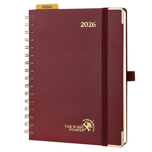 POPRUN Kalender 2026 Buchkalender 21,5 x 16 cm, 17-Monate-Terminplaner Ringbuch (Jan.2026-Dez.2026), Wochenplaner 2026 Hardcover mit Plastiklineal, 80 GSM Papier - Burgund von POPRUN