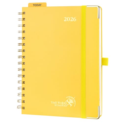 POPRUN Kalender 2026 Buchkalender 21,5 x 16 cm, 17-Monate-Terminplaner Ringbuch (Jan.2026-Dez.2026), Wochenplaner 2026 Hardcover mit Plastiklineal, 80 GSM Papier - Hellgelb von POPRUN