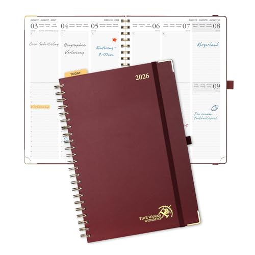 POPRUN Kalender 2026 Buchkalender A4, 12-Monate-Terminplaner Ringbuch (Jan.2026-Dez.2026), Wochenplaner 2026 Hardcover mit Plastiklineal, 100 GSM Papier - Burgund von POPRUN