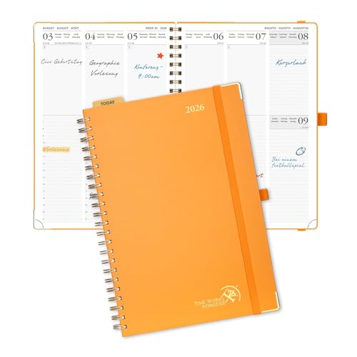 POPRUN Kalender 2026 Buchkalender A4, 12-Monate-Terminplaner Ringbuch (Jan.2026-Dez.2026), Wochenplaner 2026 Hardcover mit Plastiklineal, 100 GSM Papier - Orange von POPRUN