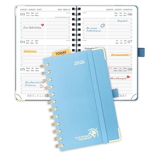 POPRUN Kalender 2026 Klein 16 x 10,5 cm (Jan.2026-Dez.2026) - TaschenKalender 2026 Klein Ringbuch mit Hardcover - Terminplaner, Wochenplaner mit Vergoldete Schutzecken - Dunstblau von POPRUN