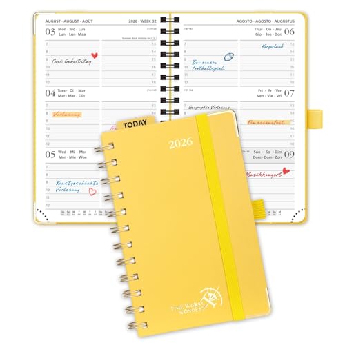 POPRUN Kalender 2026 Klein 16 x 10,5 cm (Jan.2026-Dez.2026) - TaschenKalender 2026 Klein Ringbuch mit Hardcover - Terminplaner, Wochenplaner mit Vergoldete Schutzecken - Hellgelb von POPRUN
