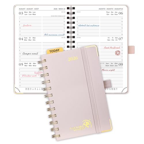 POPRUN Kalender 2026 Klein 16 x 10,5 cm (Jan.2026-Dez.2026) - TaschenKalender 2026 Klein Ringbuch mit Hardcover - Terminplaner, Wochenplaner mit Vergoldete Schutzecken - Hellrosa von POPRUN