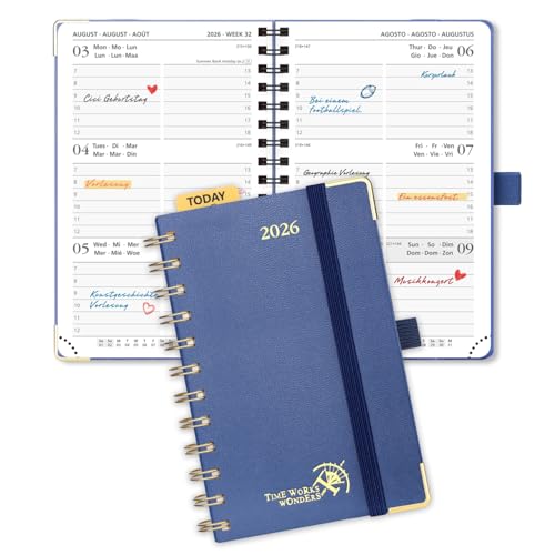 POPRUN Kalender 2026 Klein 16 x 10,5 cm (Jan.2026-Dez.2026) - TaschenKalender 2026 Klein Ringbuch mit Hardcover - Terminplaner, Wochenplaner mit Vergoldete Schutzecken - Marineblau von POPRUN