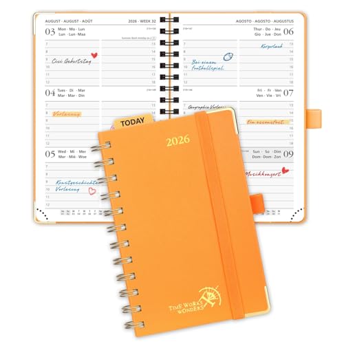 POPRUN Kalender 2026 Klein 16 x 10,5 cm (Jan.2026-Dez.2026) - TaschenKalender 2026 Klein Ringbuch mit Hardcover - Terminplaner, Wochenplaner mit Vergoldete Schutzecken - Orange von POPRUN