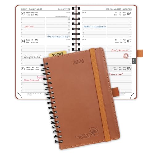 POPRUN Kalender 2026 Klein 16 x 10,5 cm (Jan.2026-Dez.2026) - TaschenKalender 2026 Klein Ringbuch mit Softcover - Terminplaner, Planer 1 Woche 2 Seite mit Plastiklineal - Braun von POPRUN