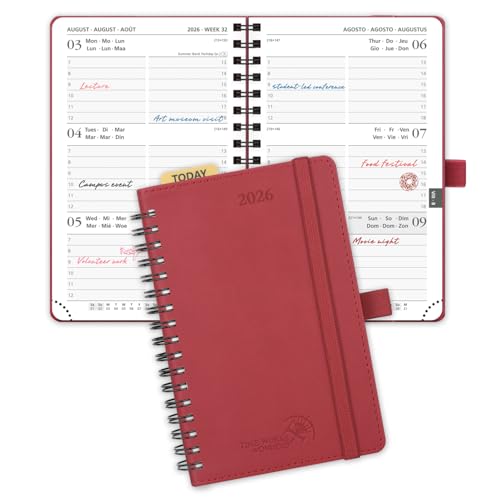 POPRUN Kalender 2026 Klein 16 x 10,5 cm (Jan.2026-Dez.2026) - TaschenKalender 2026 Klein Ringbuch mit Softcover - Terminplaner, Planer 1 Woche 2 Seite mit Plastiklineal - Burgunderrot von POPRUN
