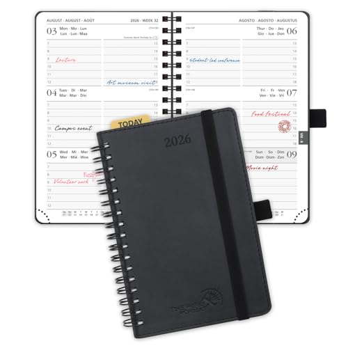 POPRUN Kalender 2026 Klein 16 x 10,5 cm (Jan.2026-Dez.2026) - TaschenKalender 2026 Klein Ringbuch mit Softcover - Terminplaner, Planer 1 Woche 2 Seite mit Plastiklineal - Schwarz von POPRUN
