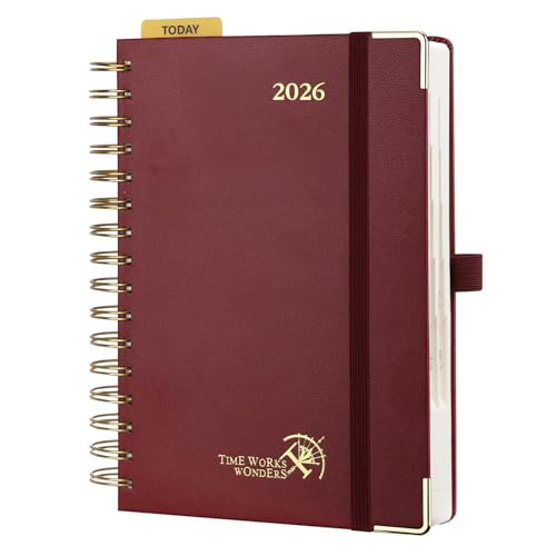POPRUN Kalender 2026 Tagesplaner 21,5 x 14,5 cm, Tageskalender A5 1 Tag 1 Seite (Montag - Sonntag), Terminplaner (Jan.2026-Dez.2026) Ringbuch mit Hardcover, Plastiklineal - Burgund von POPRUN